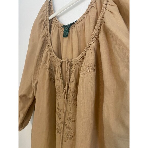 Lauren Ralph Lauren 100% Linen Beige Embroidered Peasant Boho Tunic Top Size 2X - Picture 2 of 6